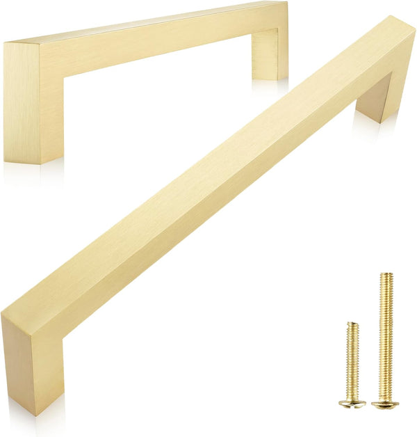 QOGRISUN 2-Pack Solid Brass Cabinet Pulls, Gold Square Drawer Handles for Kitchen Hardware