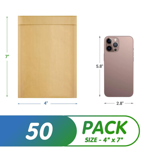 Natural Kraft Bubble Mailer Envelopes 4 x 7 Inches | 50 Pack Self Seal Padded Envelopes | Waterproof & Tear-Resistant
