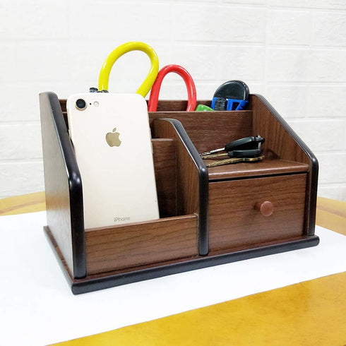 N Desk Organizer Wood with Small Drawer for Office and Home, Remote Control Holder, Pencil Holder