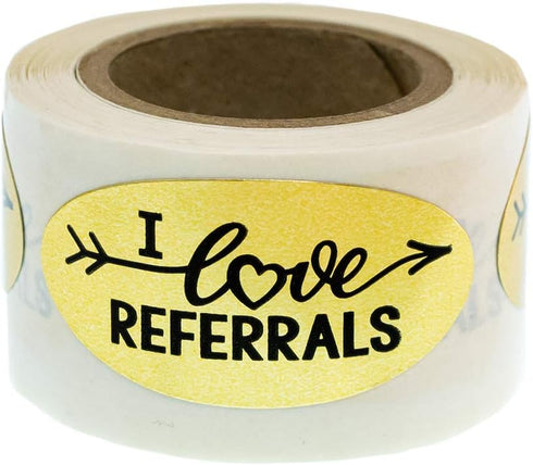 I Love Referrals - Oval Gold Foil Stickers - Great for Real Estate Agents (Roll of 100)