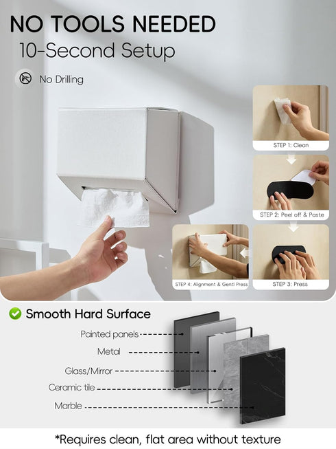 Streamlined Hand Towel Box Cover Holder, No Drill Installation & Damage-Free Adhesive Backing for Wall Mounted