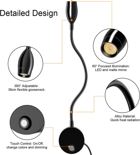 3 Dimmable, 360Flexible 3000k-6000k-1 Pack ERAY LED Wall Mounted Reading Light, Bedside Reading Lights for Bed