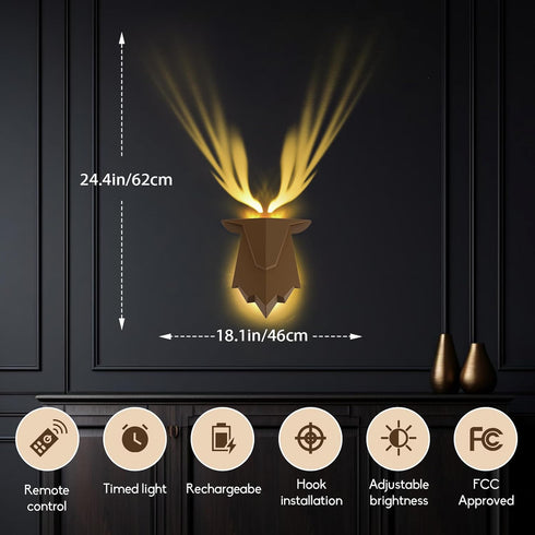 Modern Deer Sconce Antler Wall Lamp with Remote Control, Rechargeable Wall LED Night Light, Ambient Lighting for Indoor