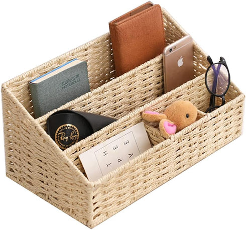 Rattan Mail Organizer for Countertop, Desk, and Bills - Woven Basket, Magazine Holder, and Accessories - Beige