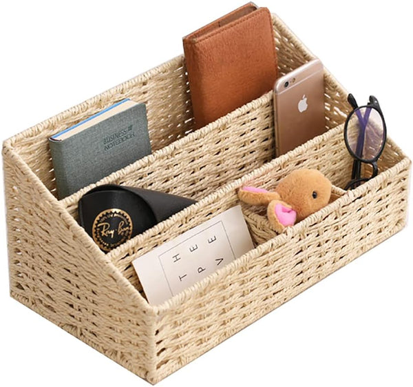 Rattan Mail Organizer for Countertop, Desk, and Bills - Woven Basket, Magazine Holder, and Accessories - Beige