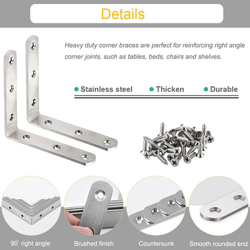 10 Pack 4 Inch 90 L Bracket Corner Braces Stainless Steel Heavy Duty Shelf Bracket for Wood Shelves, Wall Hanging