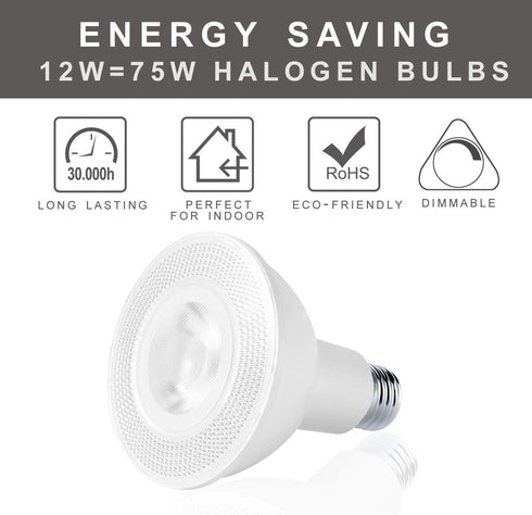 PAR30 LED Flood Light Bulbs, Long Neck, 5000K Daylight, Dimmable, 75W Halogen Equivalent, 12W E26, 1300LM, 4-Pack