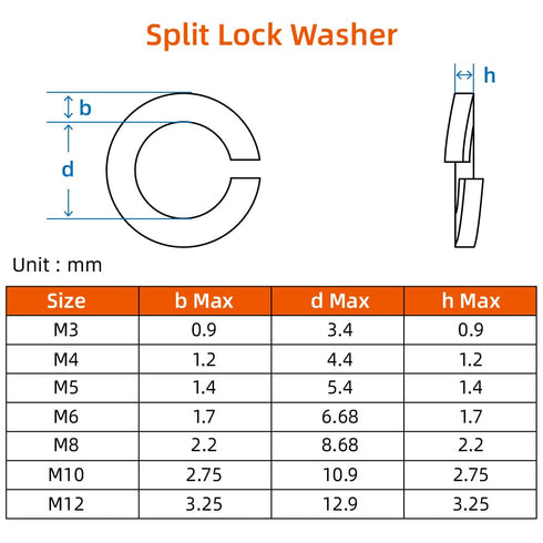 M8 Lock Washer Spring Lock Washer, Stainless Steel 18-8 (304), Black Finish, 100 PCS