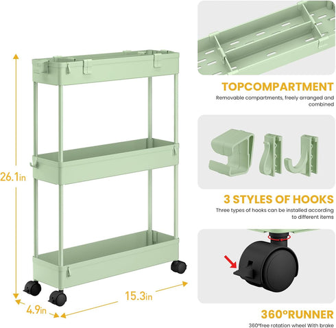 SPACELEAD Slim Storage Cart - 3 Tier Bathroom Rolling Utility Cart, Mobile Shelving Unit for Office, Green