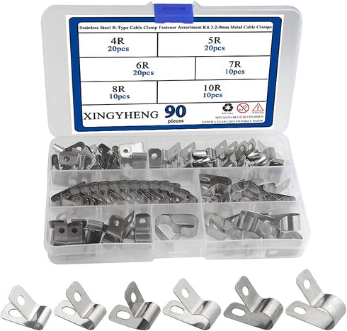 XINGYHENG 90pcs Metal Cable Clamps Fastener Assortment Kit 3.2-9mm for Wire Tube Plastic Wire Cord Management