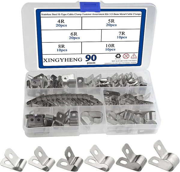 XINGYHENG 90pcs Metal Cable Clamps Fastener Assortment Kit 3.2-9mm for Wire Tube Plastic Wire Cord Management