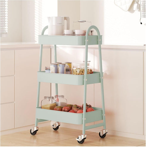 Generic 3 Tier Rolling Cart - Metal Utility Cart with Lockable Casters - Kitchen Office Storage Organizer - Green