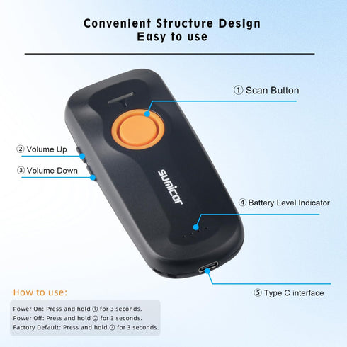 Sumicor SM8725L-1D Wireless Barcode Scanner, Portable Bluetooth 2.4G USB Wired 3-in-1 Laser Reader for Windows,