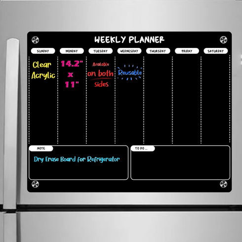 Weekly Dry Erase Board for Refrigerator, Black Acrylic Calendar Note Board, Double-Sided Planner
