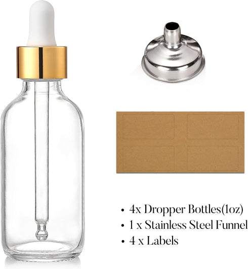 AOZITA 4 Pcs, 1 oz Golden Cap Clear Dropper Bottles (30ml) with 1 Funnel & 4 Labels - Glass Tincture Bottles for Essential Oils with Eye Droppers - Leak Proof Travel Bottles for Liquids by AOZITA