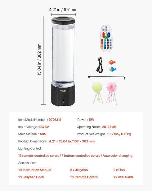 16 VEVOR Sensory Bubble Tube Lamp, Color Changing Light Effects, Water Fish Lamp with Built-in Bluetooth Speaker