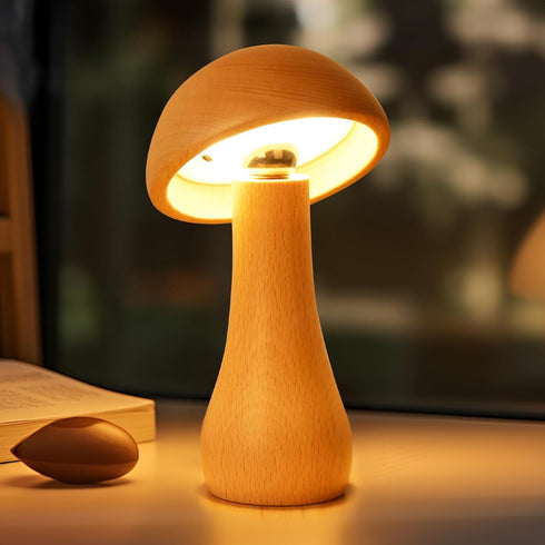 LONRISWAY Wooden Mushroom Lamp, Portable Cordless Touch Switch Rechargeable Battery Operated Lamp,Stepless Dimming,
