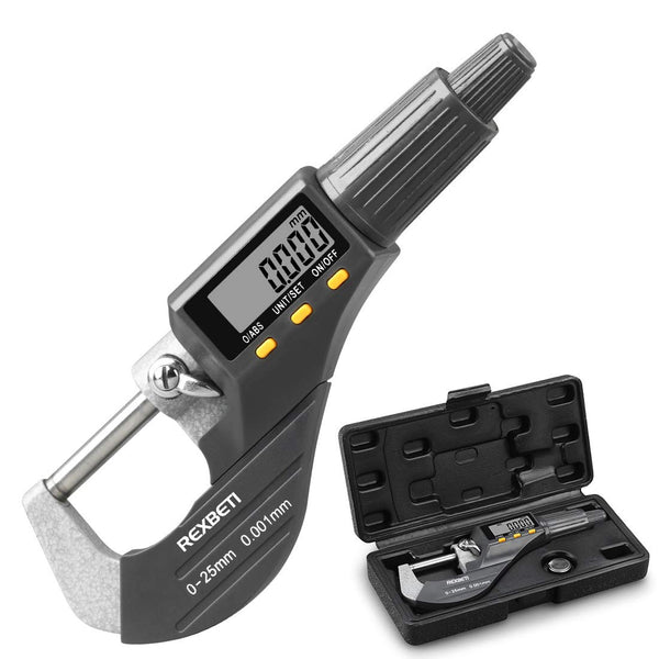 REXBETI Digital Micrometer, Professional Thickness Gauge 0.00005"/0.001 mm, Protective Case with Extra Battery