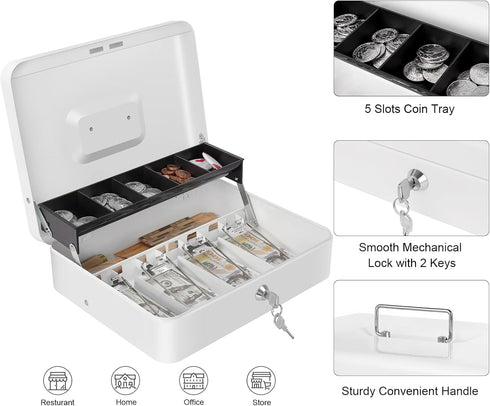 Cash Box with Money Tray and Key Lock, Large Metal Safe Money Box for Organizing and Storage, 11.8"x9.45"x3.54"
