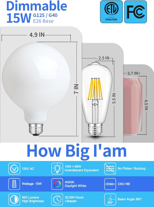 5-inch 15W 4000K G125 Bulb G40 85W 850LM Dimming, E26 5 Inch Neutral Opal Large Globe LED - Replacement, Eqv