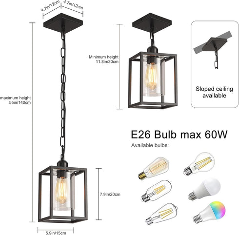 Farmhouse Pendant Light,Black Metal Frame Hanging Light Fixture with Clear Glass Shade Chandelier, Adjustable Chains