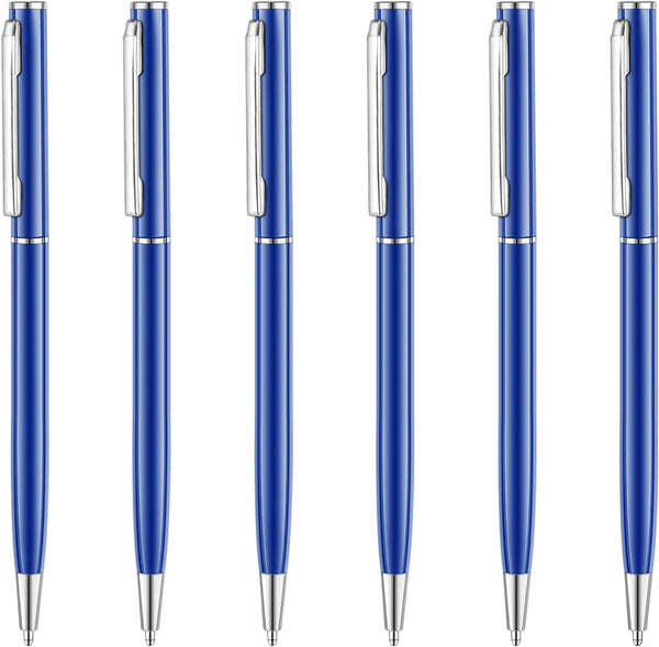 Unibene 6 Pack Glossy Blue Slim Metallic Retractable Ballpoint Pens, 1.0mm Medium Point with 6 Refills