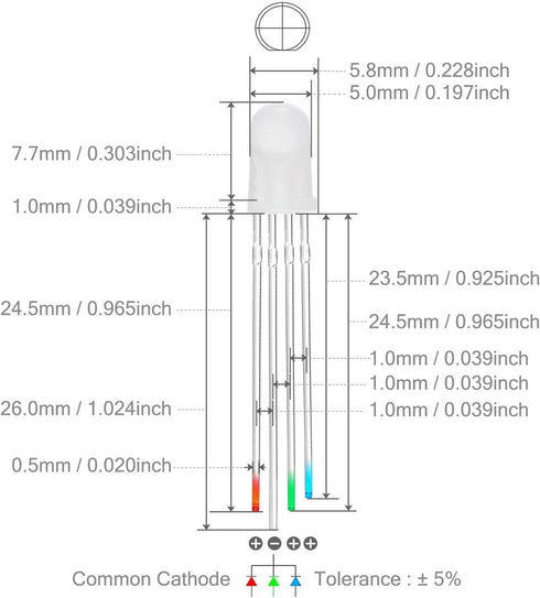 Chanzon 100 pcs 5mm RGB Multicolor Diffused LED Diode Lights, Frosted Round Tricolor, 4 Pin