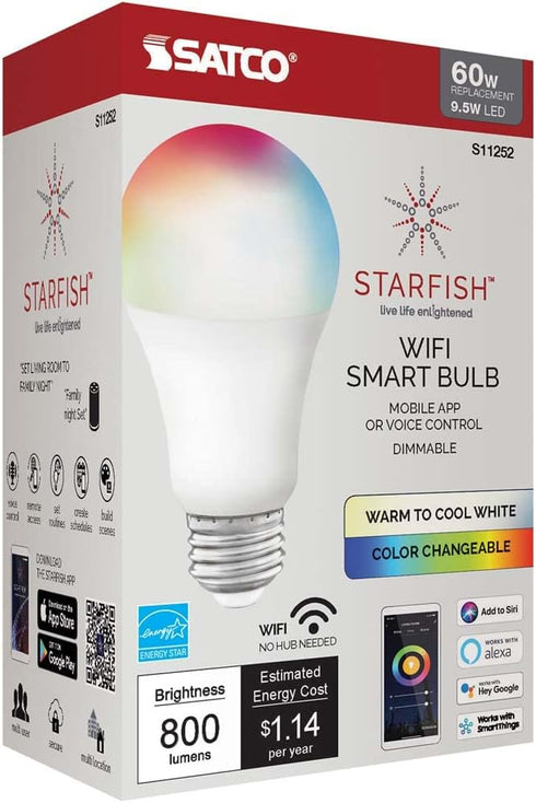 S11252 9.5-Watt A19 Bulb, 2700K-5000K, 800 Satco Starfish WiFi Smart LED Color-Changing Light Works with Siri, Alexa