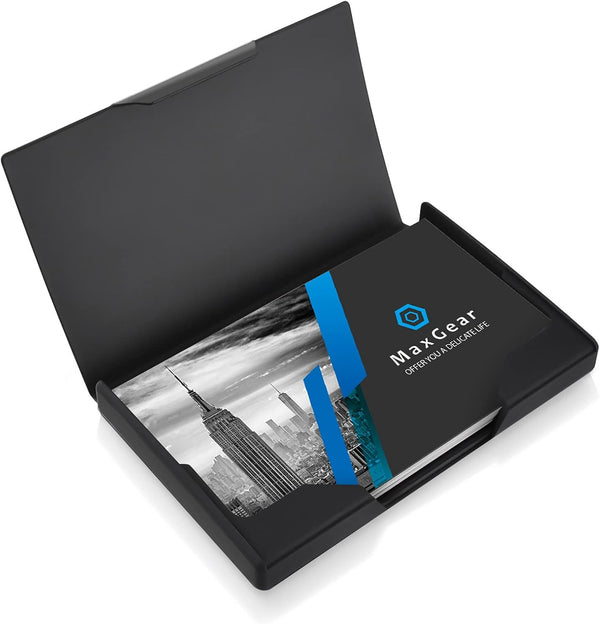 MaxGear Heavy-Duty Metal Business Card Holder - Slim Stainless Steel & ABS Case with Black Titanium Coating