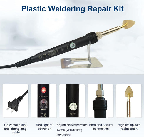 Plastic Welding Kit for Surface Repair, Adjustable Temperature Welder Tool for Car Bumper, Kayak, Canoe, 110V 80W
