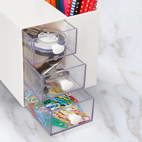 LETURE Small Desk Organizer with Drawer, Office School Storage Box for Card/Pen/Pencil/Marker, Plastic Makeup Organizer