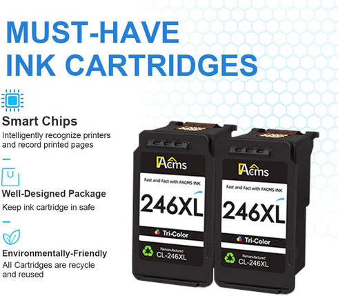 CL-246XL Color Ink Cartridge Remanufactured for Canon PIXMA, 246XL 246, for MX490, MX492, TS3100, TS3122 (2 Tri-Color)