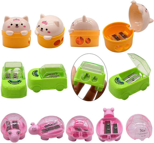 Cartoon Animal Pencil Sharpeners, Cute Two-Holes Plastic Sharpener, School Student Stationery Supplies (Set of 16)