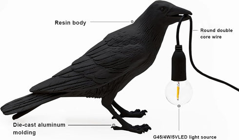 DOSEA E14 Bulb Resin Crow Table Lamps Desk Lamp,Gothic Raven Birds Lighting Black Bird Wall Sconce Decor with & Plug
