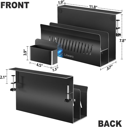 Desk Side Storage Organizer, 2 Tier Under Desk Laptop Holder, Clamp on Desk Shelf, Black