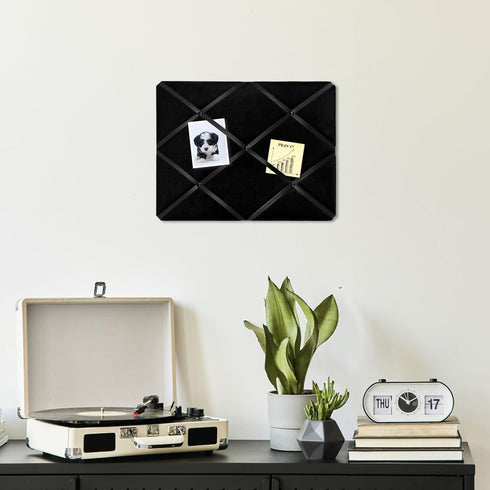 Black Velvet Fabric Memo Bulletin Board, 17x13 inches Criss-Cross Ribbons for Home Office School Wall Decor