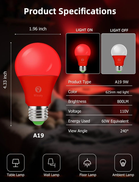Bulbs E26 A19, 9W (4 Packs) Red Light for Sleep with Remote Control, LED Blue Light Blocking for Sleep Therapy, Baby