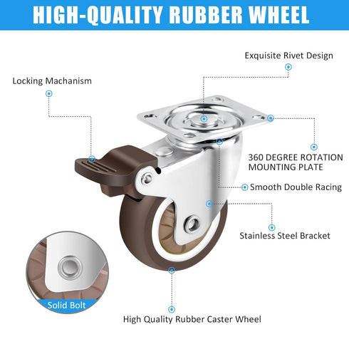 Nefish 2 Inch Swivel Caster Wheels Set of 4 Heavy Duty, 600 Lbs, Locking Plate Castors for Hardwood Floor