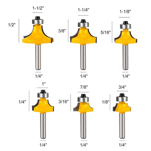 1/4 1/4 1/4-Inch Set Set 1/2", 3/8", 5/16" ,1/4",3/16",1/8" 6pcs roundover Router bit Shank Router bits Shank Shank