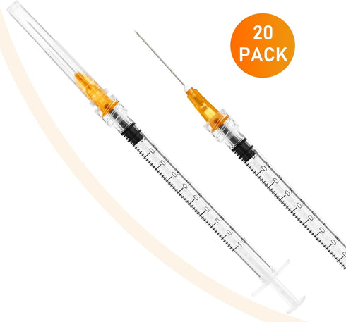 1ml Disposable Luer Lock Syringes with 25G 1 Inch Needle, Individual Package - Pack of 20