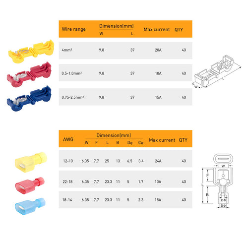 Nilight - 50031R 240 Pcs/120 Pairs Splice Wire Terminals T-Tap Self-Stripping Kit with Quick Disconnects