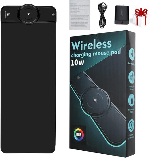 Wireless Mouse Pad Charging, Large Mouse Pad with 10 Lighting Modes for PC Keyboard Gaming Home & Office