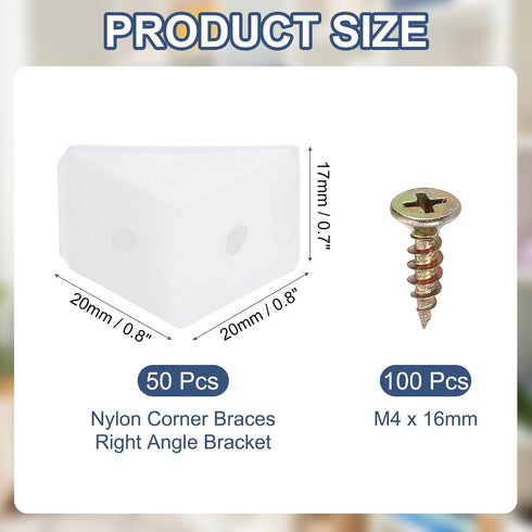 0.8"x0.8"x0.7" 50 PATIKIL Plastic Corner Braces, Pcs L-Shape Shelf Support Corner Brace Nylon Right Angle Brackets
