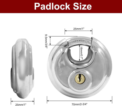 Round Disc Padlock, Heavy Duty Disc Locks Stainless Steel Round Lock with Key Padlock Discus Locks for Storage Unit, Fence, Garages, Sheds(3/8" Diameter Shackle) by Biaungdo