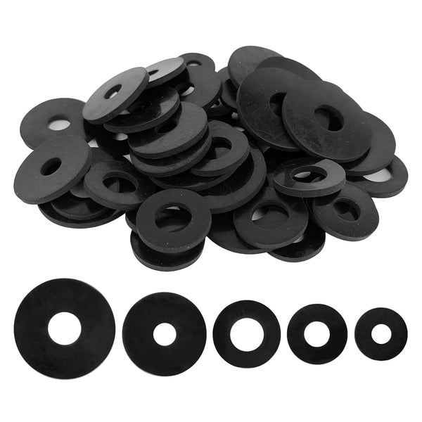 50 Pcs Rubber Washers Assortment Kit, 16/18/20/25/30mm Sizes, Black Vibration Absorbing Pads for Faucets