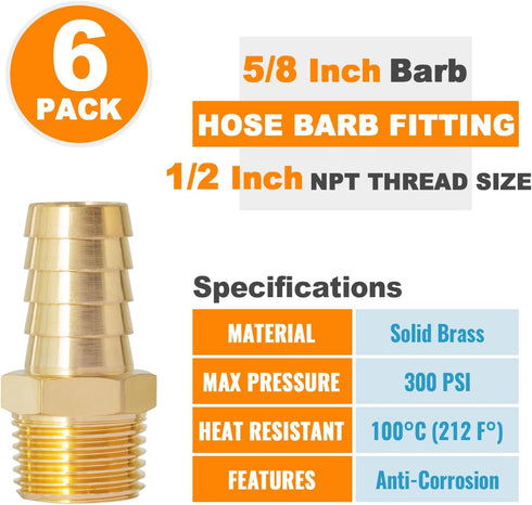 SUNGATOR Hose Barb Fittings, 5/8 Inch Barb to 1/2 Inch NPT Brass Air Hose Barb Fittings, 6 Pack Repair Fitting Kit