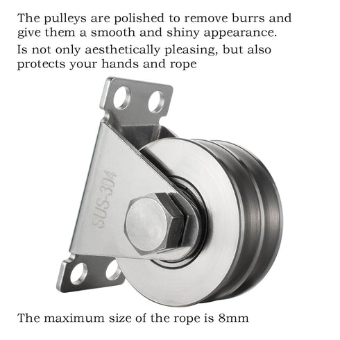 Heavy Duty Double Groove Cable Fixed Pulley Block, Stainless Steel, Bearing Inside, 2 Pack for Lifting System