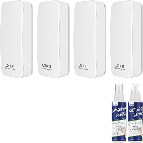 LOUKIN 4 Pack Magnetic Dry Erase Eraser (White), Includes 2 Bottles of 3.4 oz Cleaner for Classroom, Home, Office