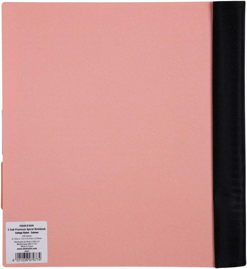 Mintra Office Durable PREMIUM Spiral Notebook, ((Salmon, 5 Subject (8.5in x 11in)), Fabric Covered Coils, No Snags, College Ruled, Adjustable PocketDividers, Ruler, Organization, School