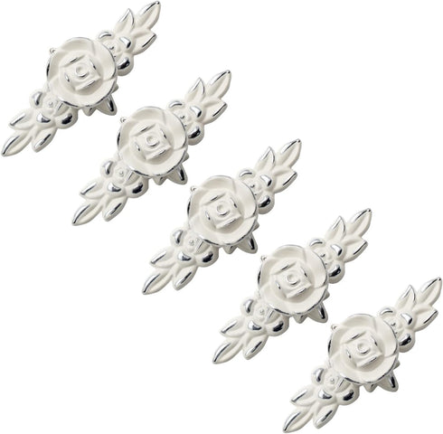 5 Pcs Rose Cabinet Knobs with Backplate, Vintage Floral Drawer Knob Pulls, Zinc Alloy Rose Flower Drawer Pull Handles for Cabinets and Dresser - 4 Inch, Ivory White with Silver Trim by Uenhoy